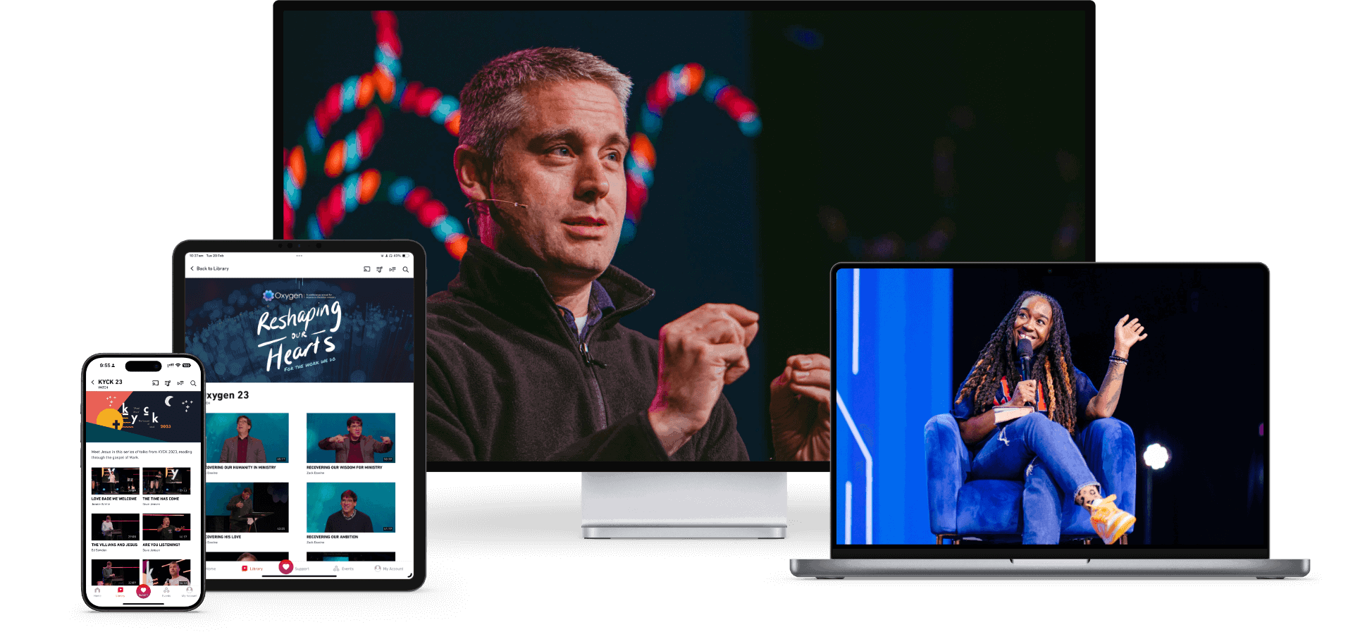Multiple devices showing screenshots of the KCC One app.