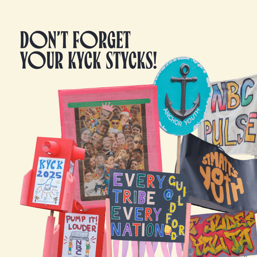 Colourful KYCK-themed sticks with messages for youth event preparation at Katoomba Christian Convention.