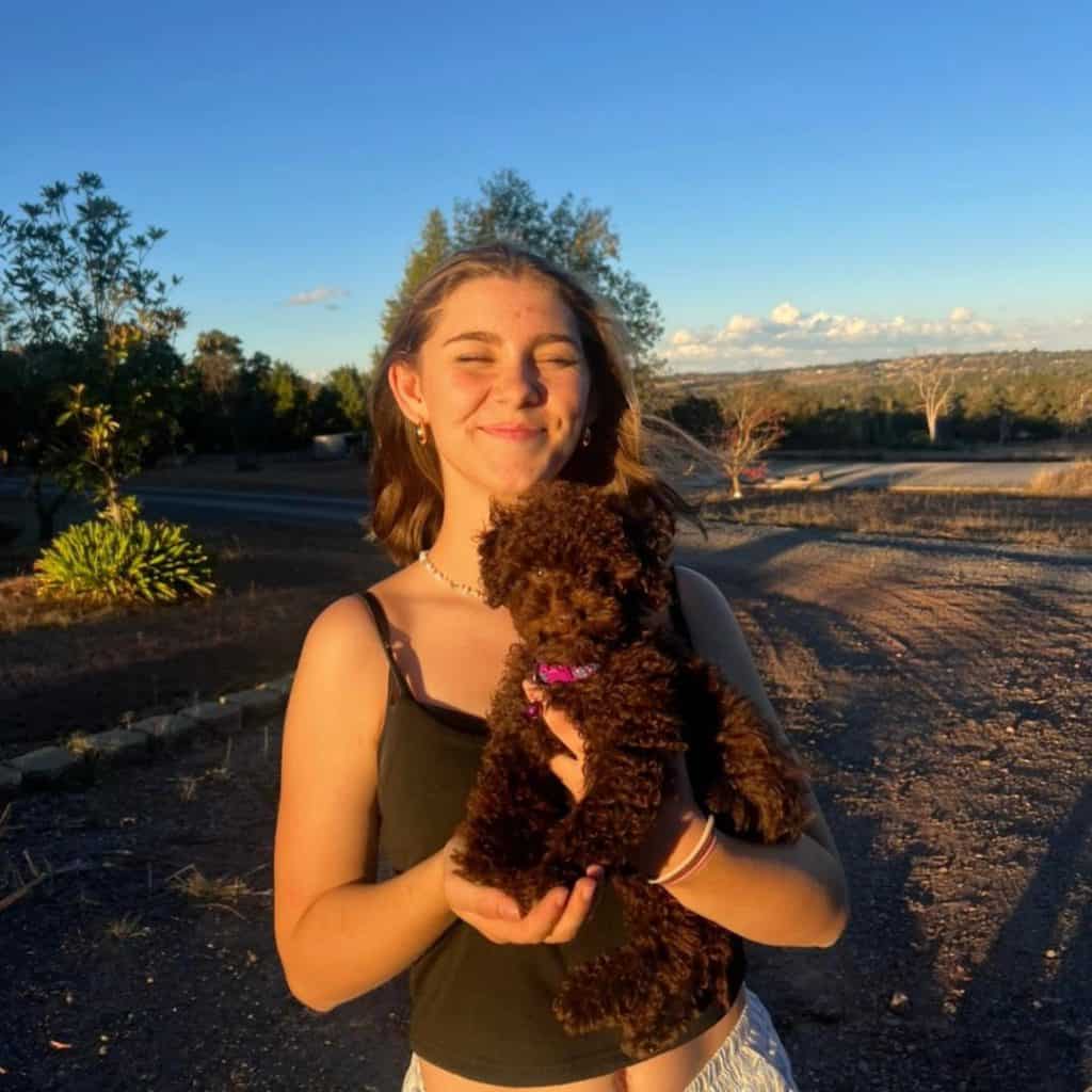 Young girl smiling and holding a small brown puppy outdoors in a scenic natural setting during late afternoon.