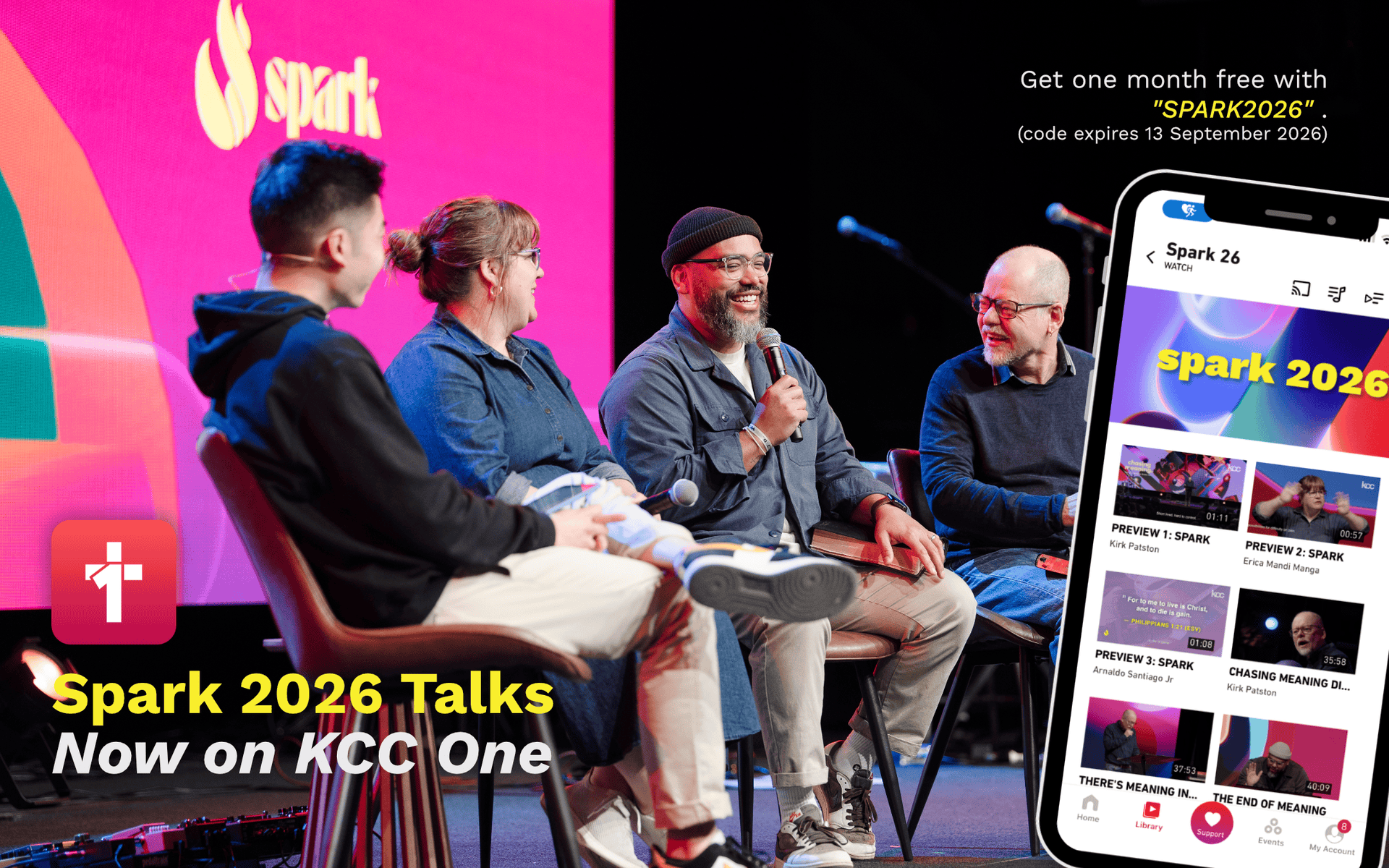 Panel discussion at KCC Spark 2026 event featuring diverse speakers on stage with a large screen in the background.